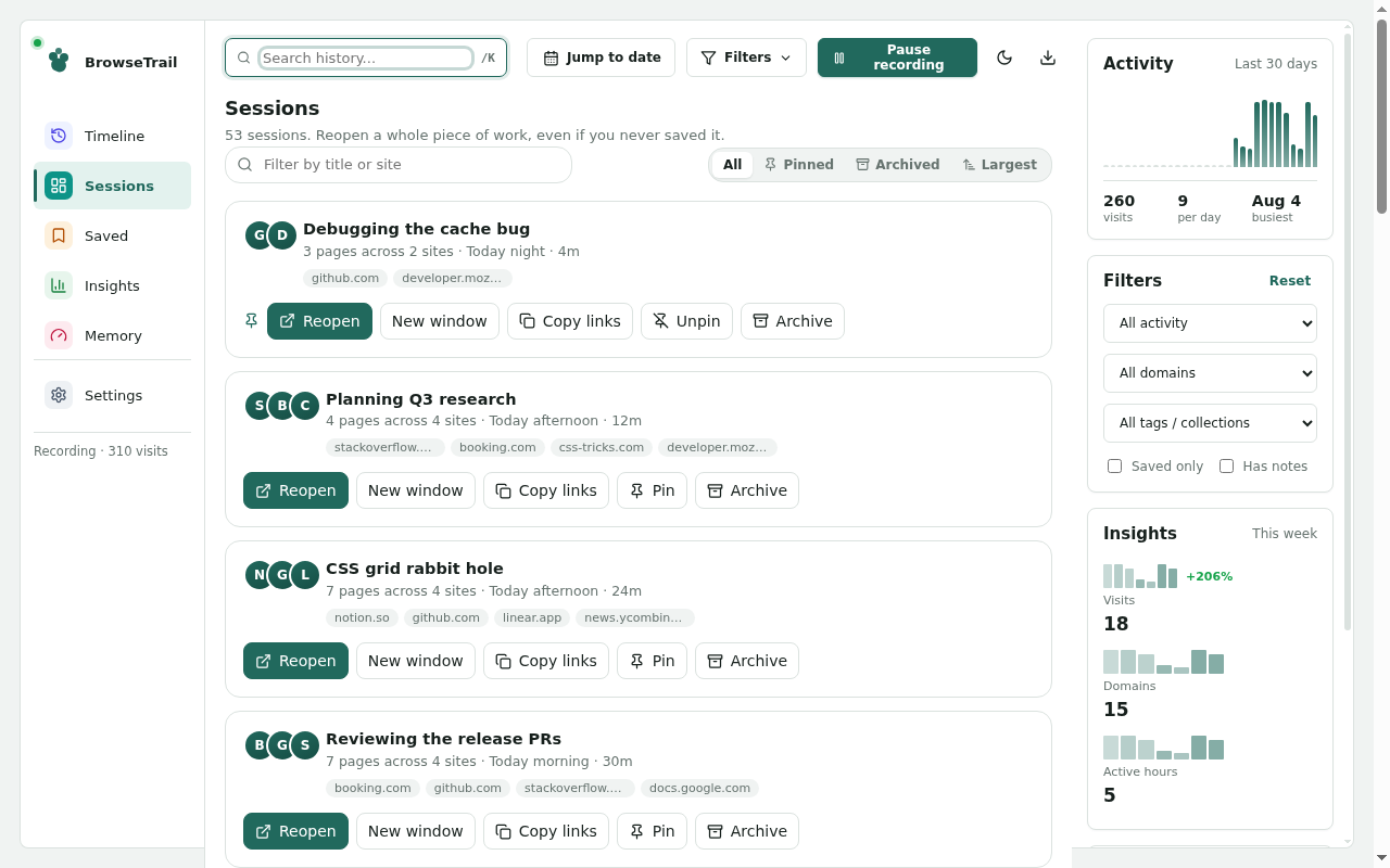 BrowseTrail sessions screen showing reconstructed browsing sessions
