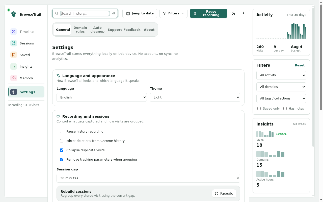 BrowseTrail privacy settings screen with local-only controls
