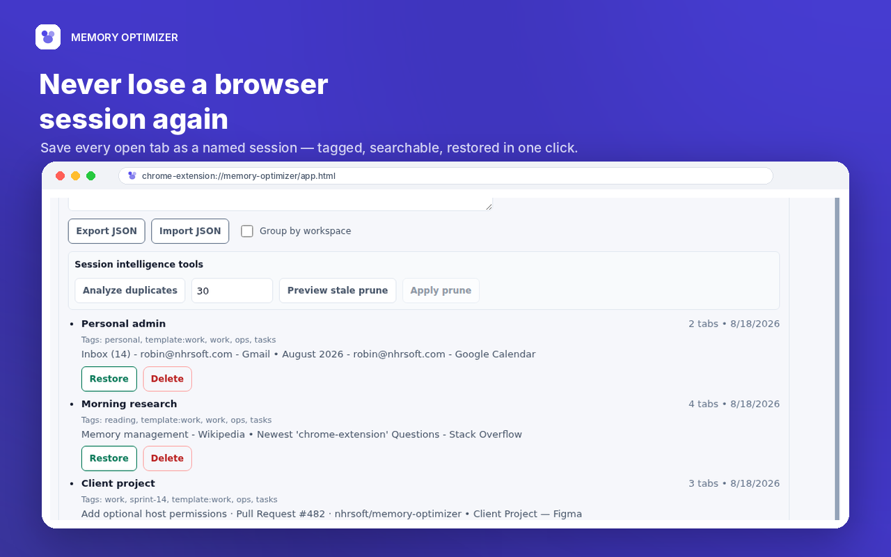 Memory Optimizer Tab sessions screenshot