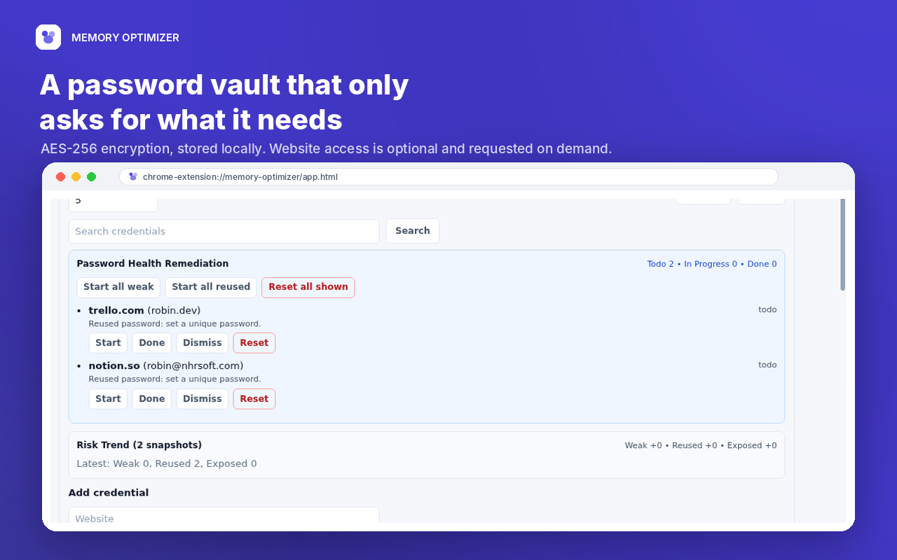 Memory Optimizer Password vault screenshot