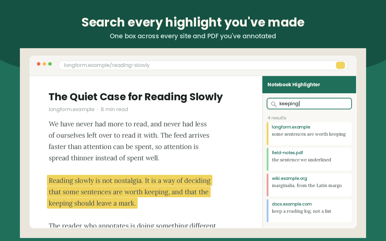 Notebook Highlighter search results across saved highlights from multiple pages