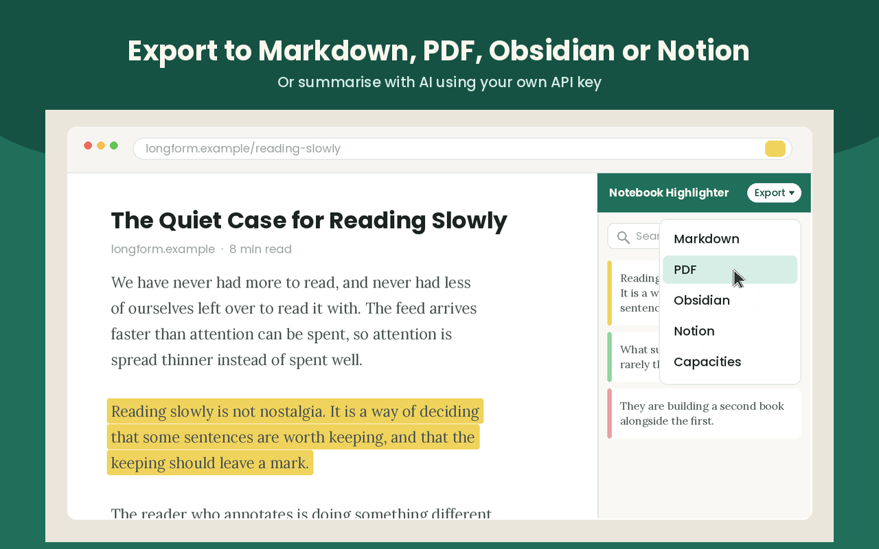 Notebook Highlighter export options for markdown PDF Obsidian and Notion