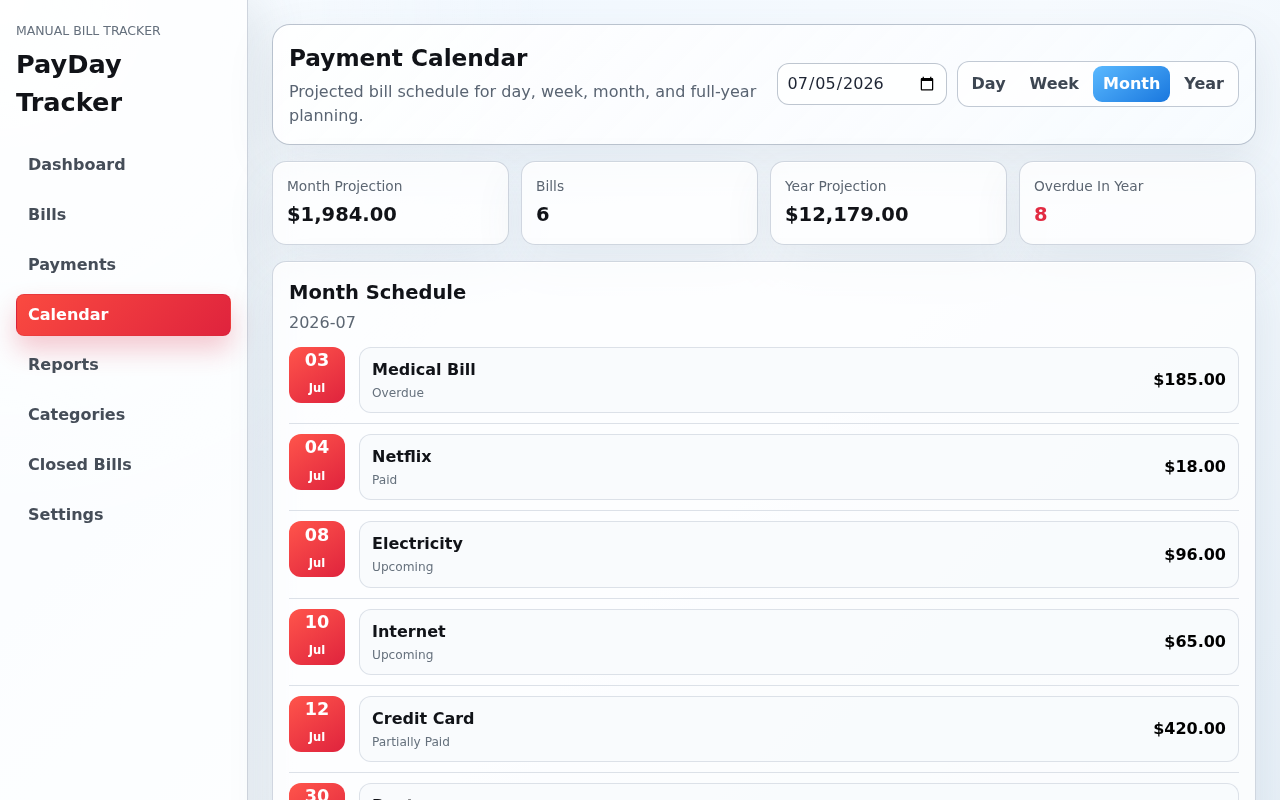 PayDay Tracker calendar interface