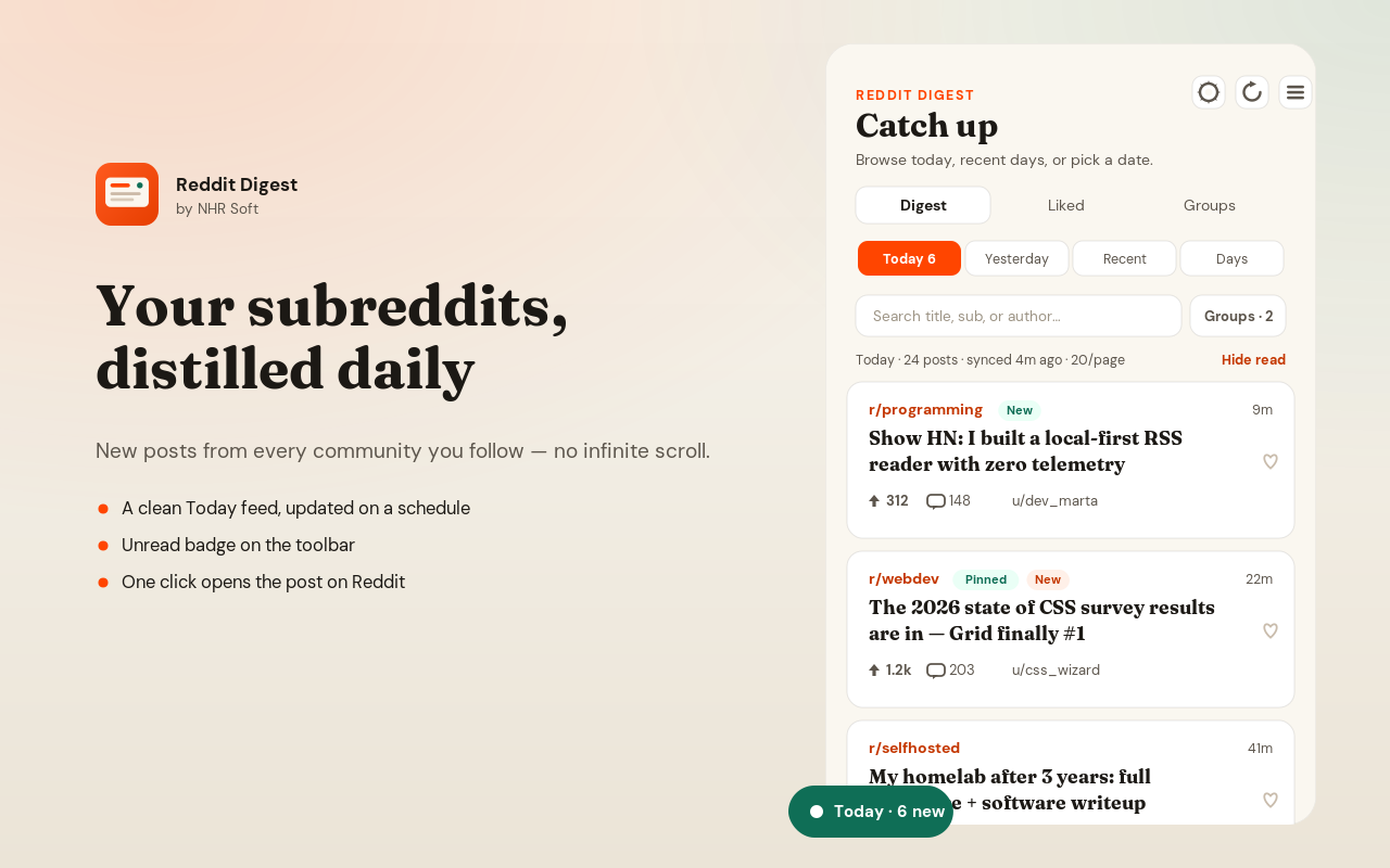 Reddit Digest Today view showing followed subreddit posts organized for easier reading
