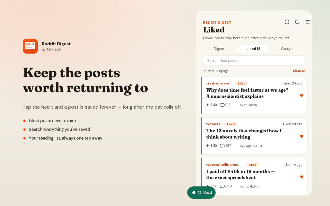 Reddit Digest liked posts view showing saved Reddit items kept for later reference