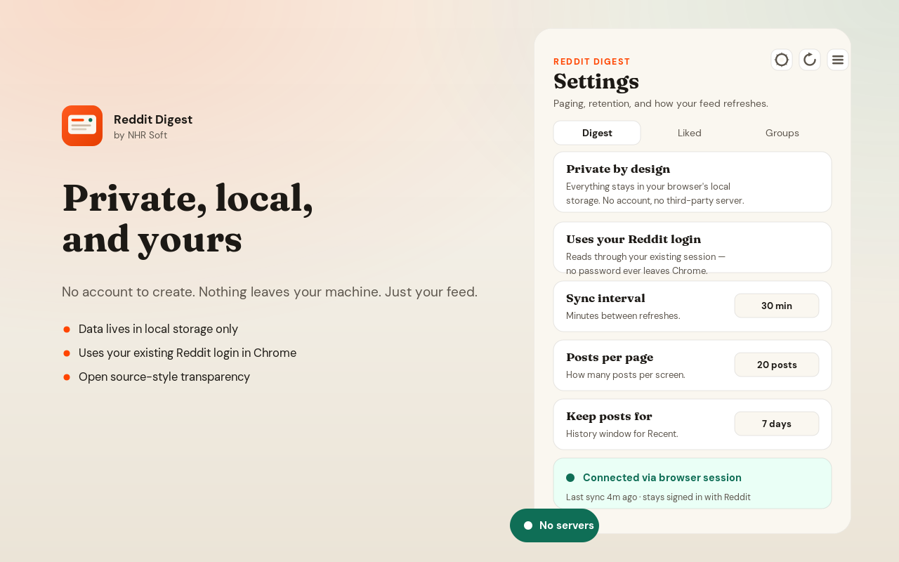 Reddit Digest privacy and local-first design screen